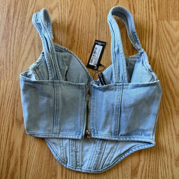 PrettyLittleThing Light Blue Wash Denim Corset Top Size 0 Bustier Dip Hem Y2K - Picture 3 of 9